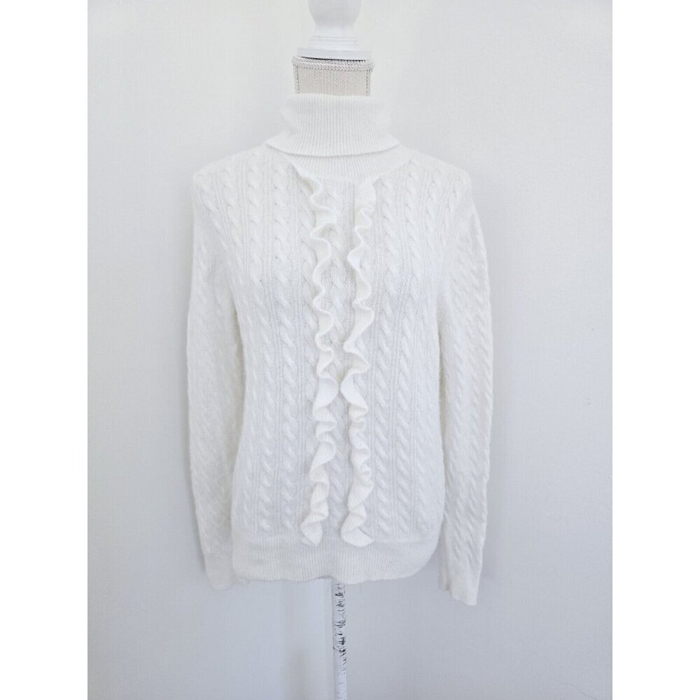 J Crew Ivory Supersoft Ruffle Front Wool Alpaca Turtleneck Pullover Sweater M